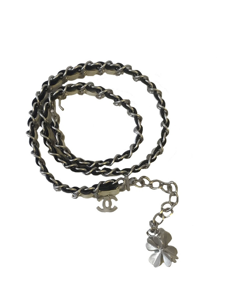 CHANEL chain belt 85EU in black and white leather and matt silver metal