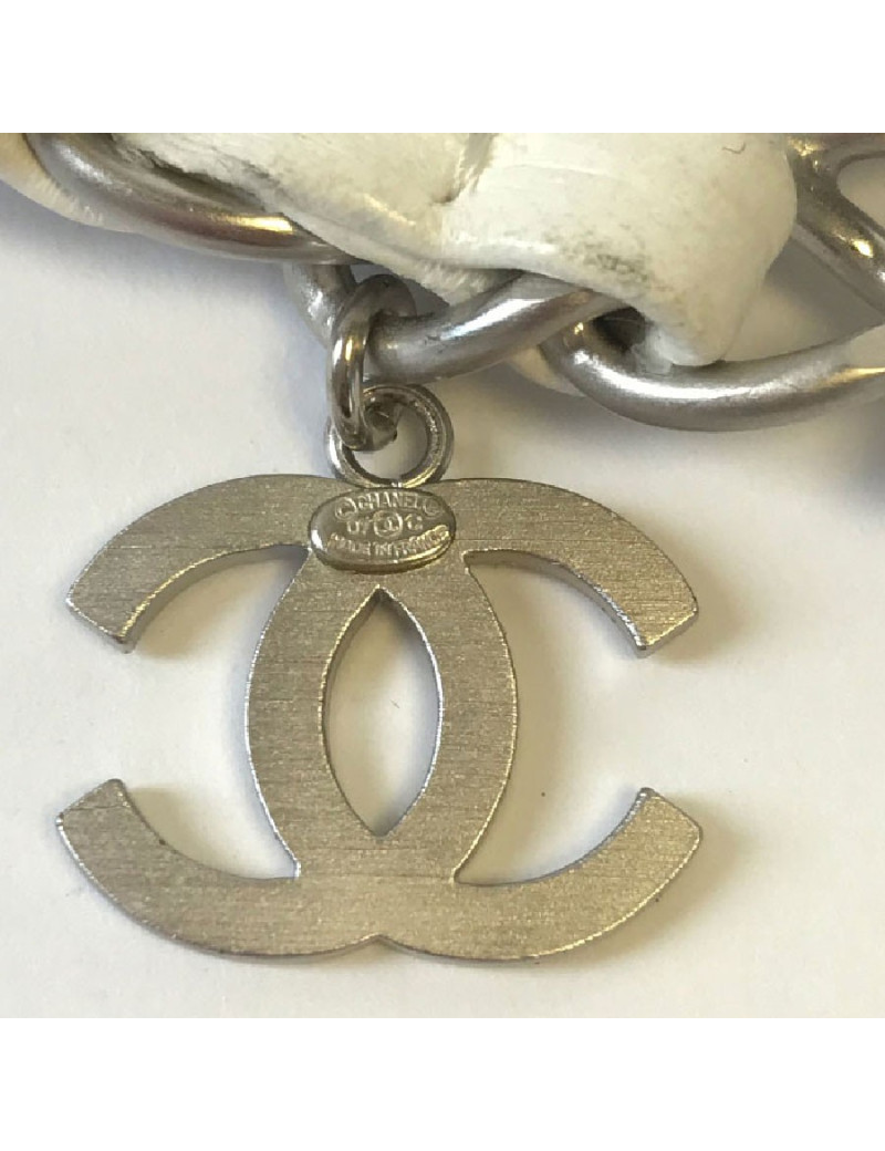 Ceinture CHANEL T85 en chaine argentée et cuir blanc et noir 