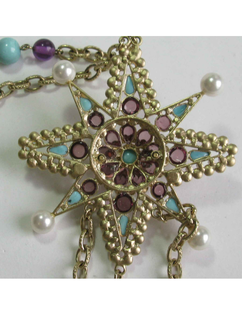 Sautoir CHANEL chaines dorés, bijou en perles et opate de verre