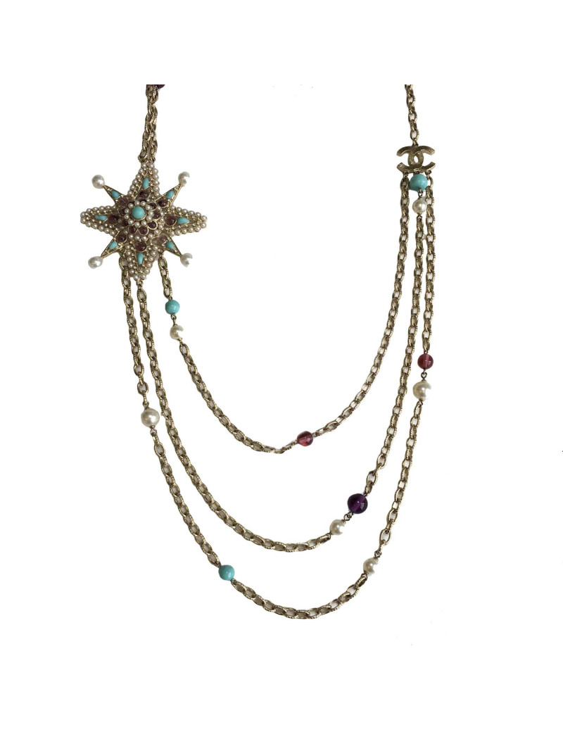 Sautoir CHANEL chaines dorés, bijou en perles et opate de verre