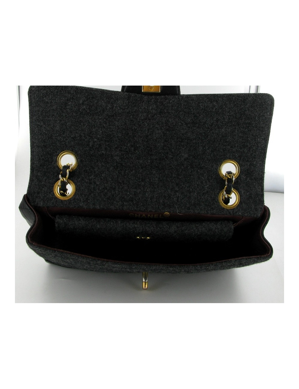 Sac mademoiselle en cuir noir et jersey gris CHANEL