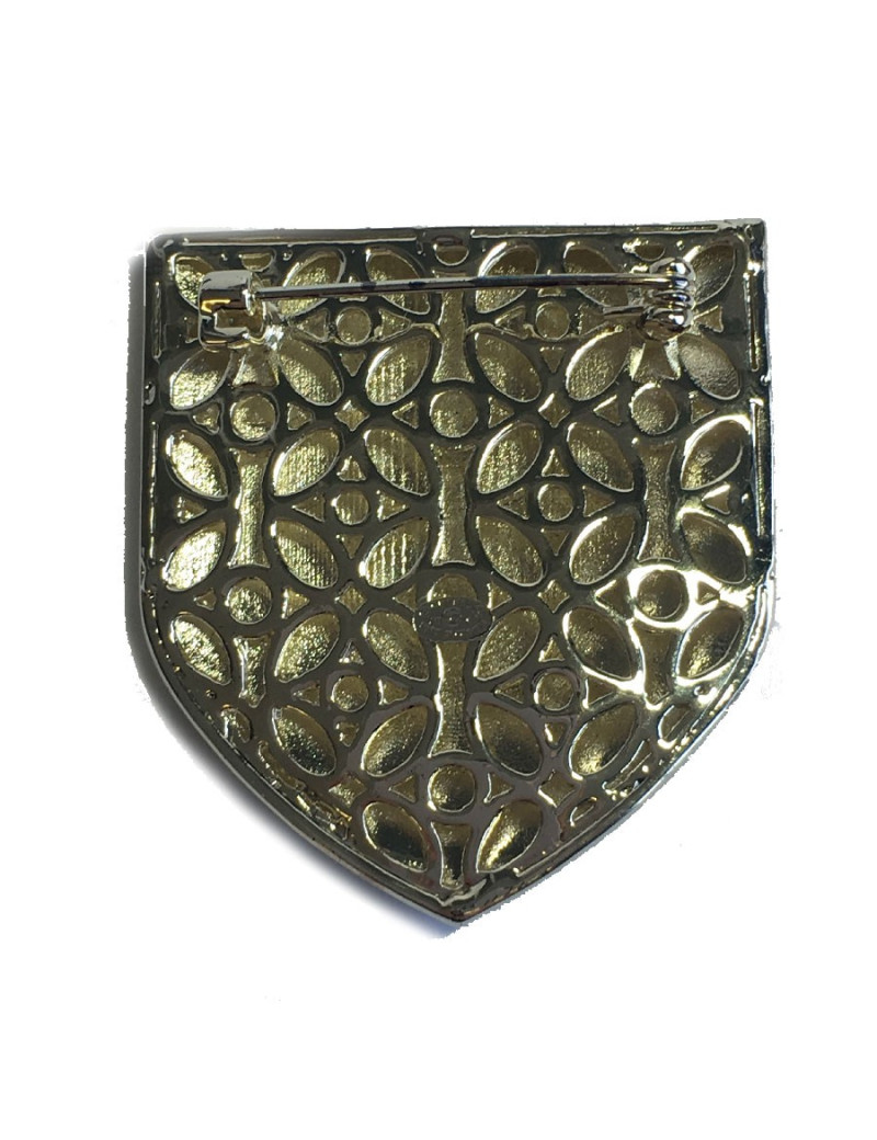 Broche CHANEL Ecusson en métal or pâle, petites perles nacrées et résine de couleur