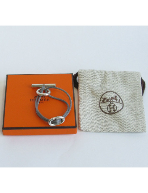 Bracelet HERMES 'Skipper' en argent et fil en satin gris