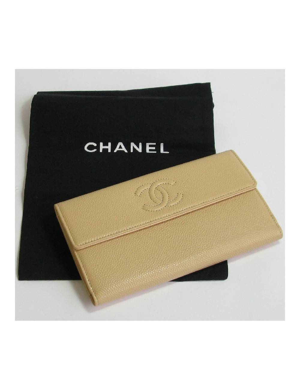 Portefeuille CHANEL cuir grainé beige