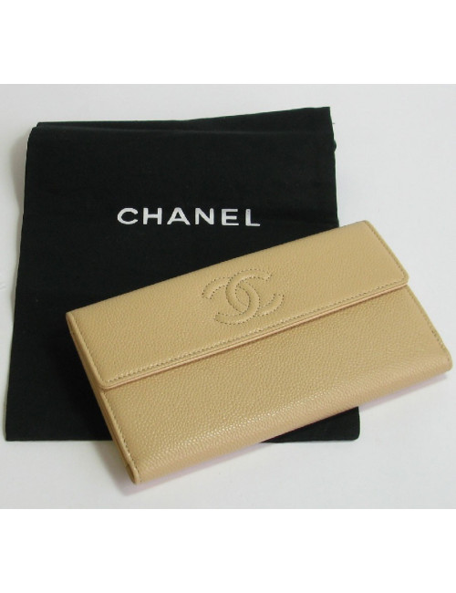 Portefeuille CHANEL cuir grainé beige