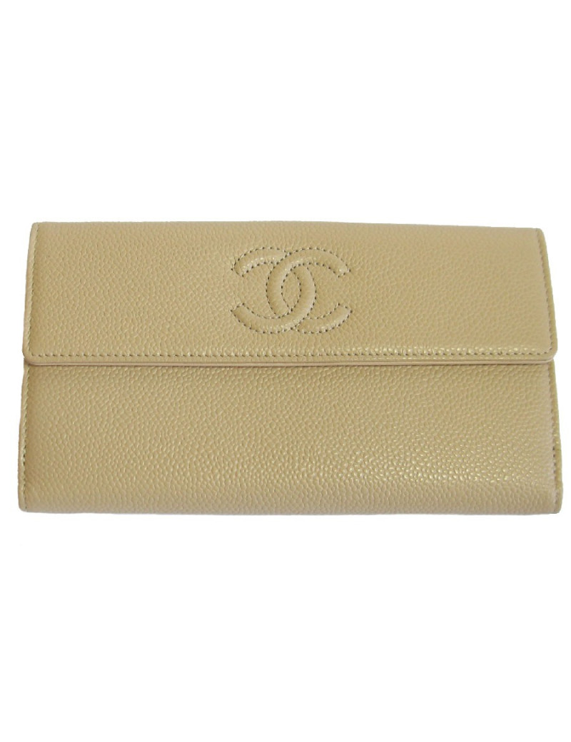 Portefeuille CHANEL en cuir grainé beige