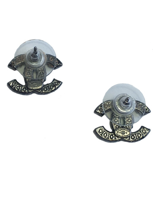 Boucles d'oreille Clous CHANEL ruthénium et perles grises