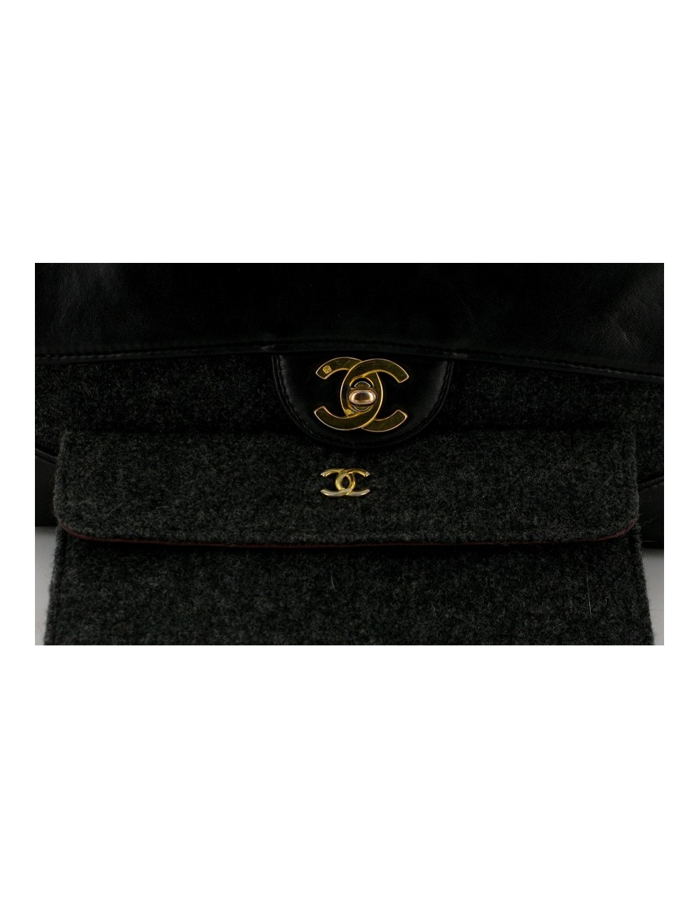 Sac mademoiselle en cuir noir et jersey gris CHANEL