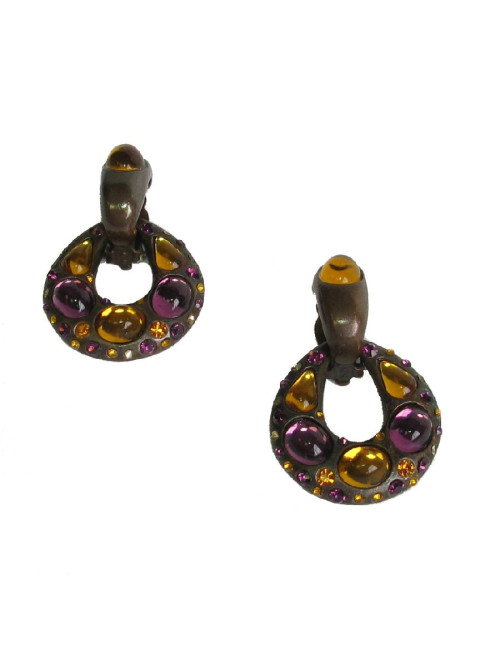  YSL YVES SAINT LAURENT Vintage clip-on earrings in bronze metal, rhinestones and resin
