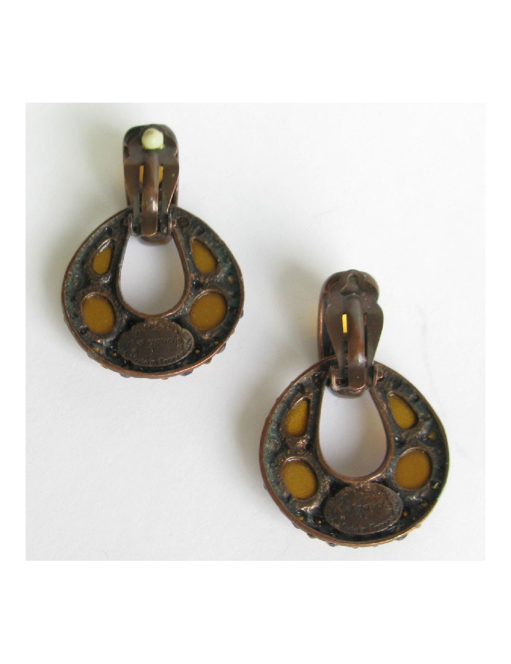  YSL YVES SAINT LAURENT Vintage clip-on earrings in bronze metal, rhinestones and resin