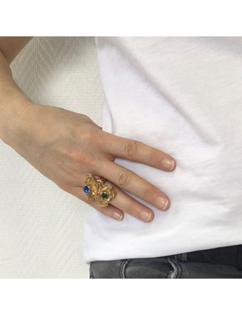 YSL YVES SAINT LAURENT ring in gilt metal and multicolored fantasy stones