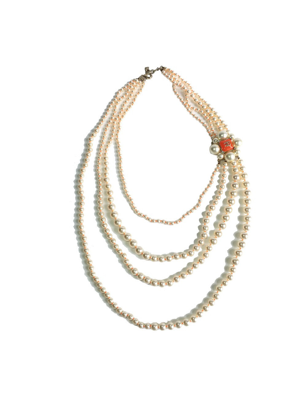 CHANEL necklace with 4 row of pearls and orange molten glass