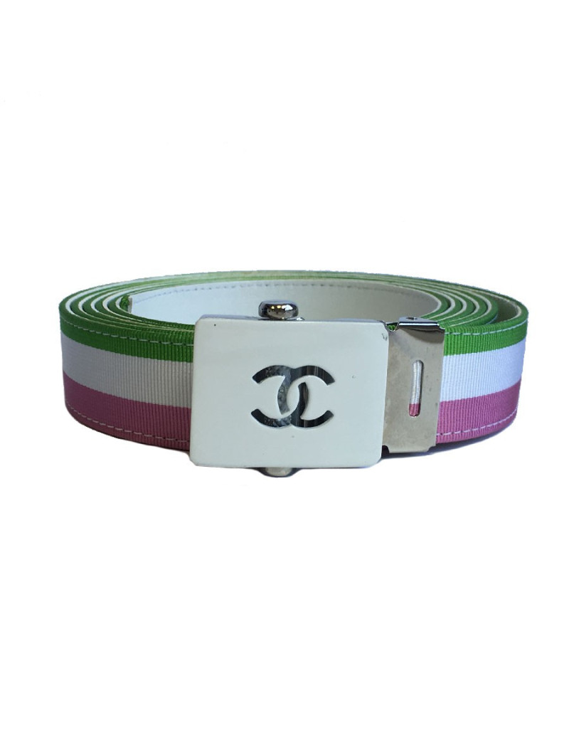 Ceinture CHANEL piqué tricolore sur cuir blanc