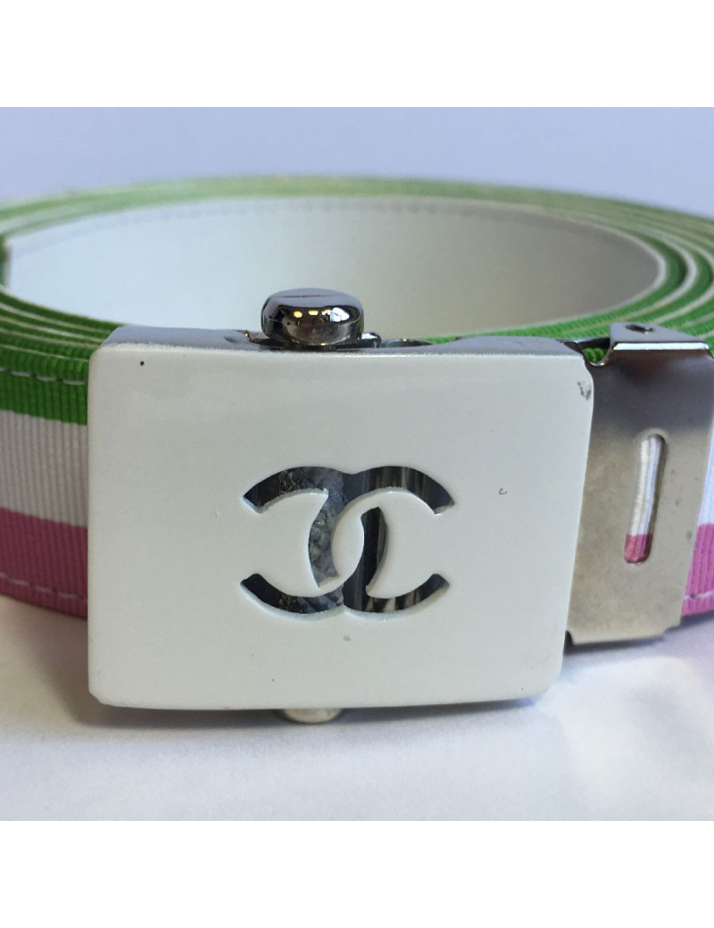 Ceinture CHANEL piqué tricolore sur cuir blanc