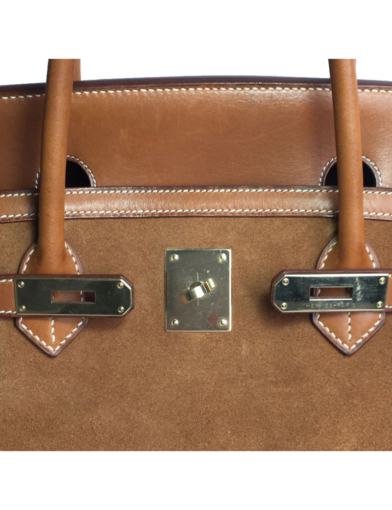 Birkin HERMÈS Grizzly 40 cuir barenia et veau doblis fauve