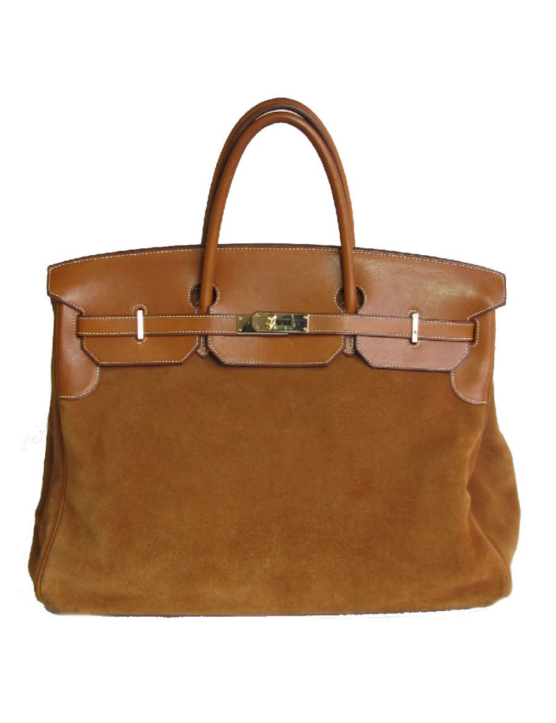 Birkin HERMÈS Grizzly 40 cuir barenia et veau doblis fauve