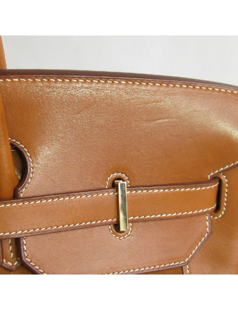 Birkin HERMÈS Grizzly 40 cuir barenia et veau doblis fauve