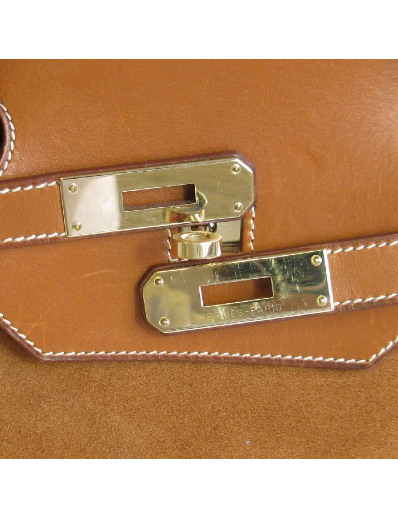 Birkin HERMÈS Grizzly 40 cuir barenia et veau doblis fauve