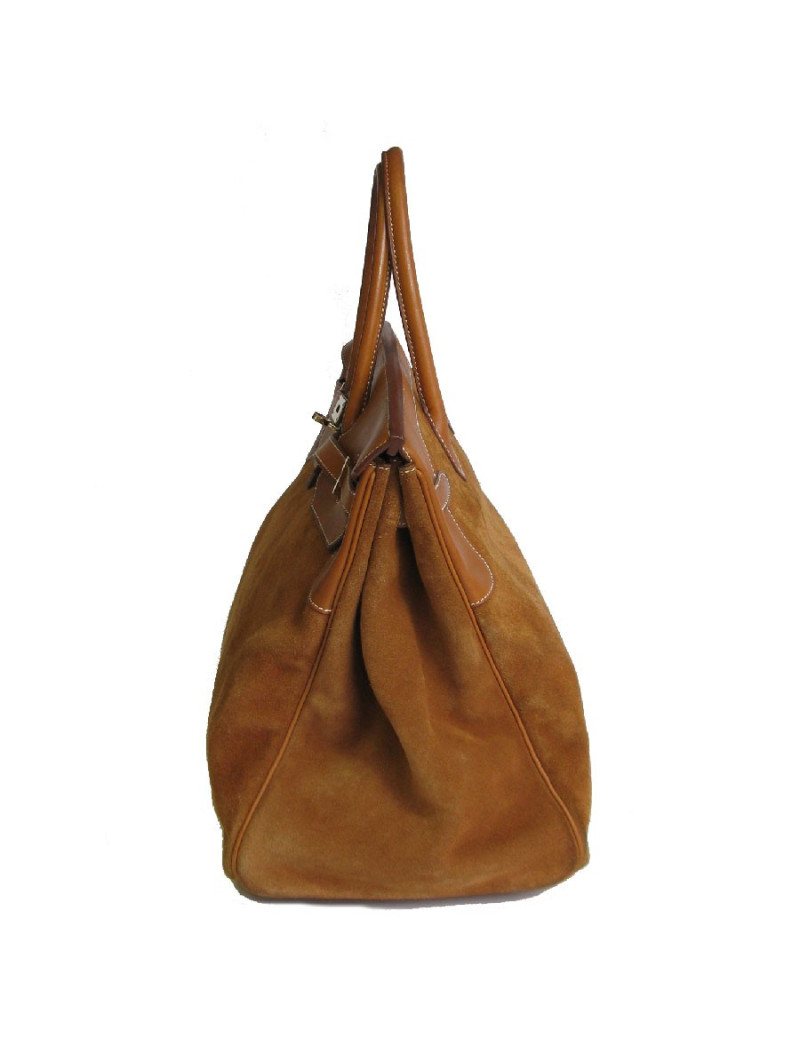 Birkin HERMÈS Grizzly 40 cuir barenia et veau doblis fauve