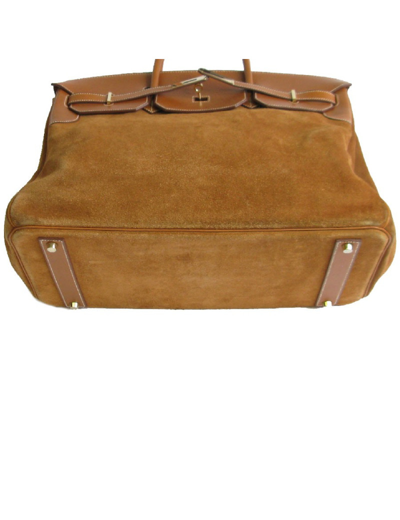 Birkin HERMÈS Grizzly 40 cuir barenia et veau doblis fauve