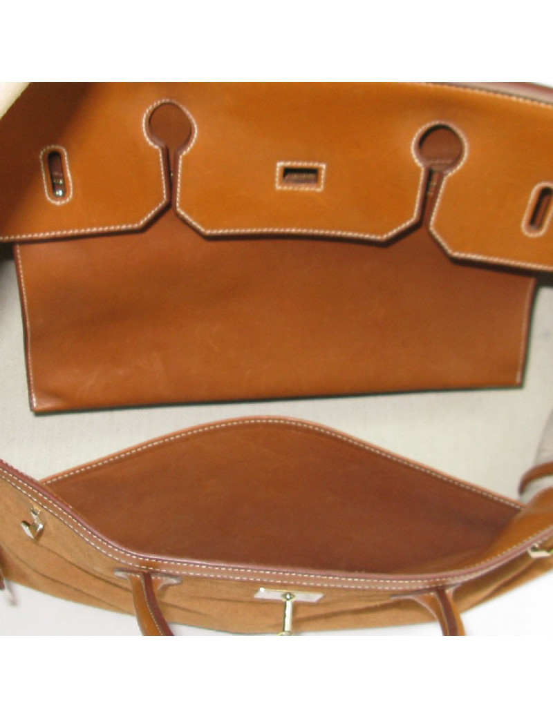 Birkin HERMÈS Grizzly 40 cuir barenia et veau doblis fauve