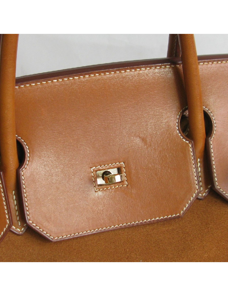 Birkin HERMÈS Grizzly 40 cuir barenia et veau doblis fauve
