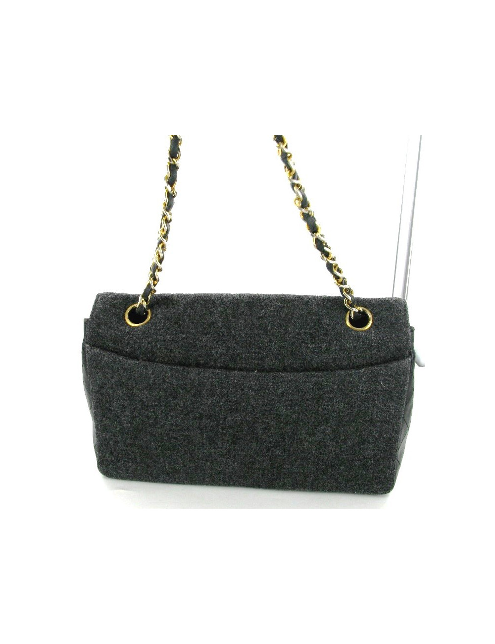 Sac mademoiselle en cuir noir et jersey gris CHANEL