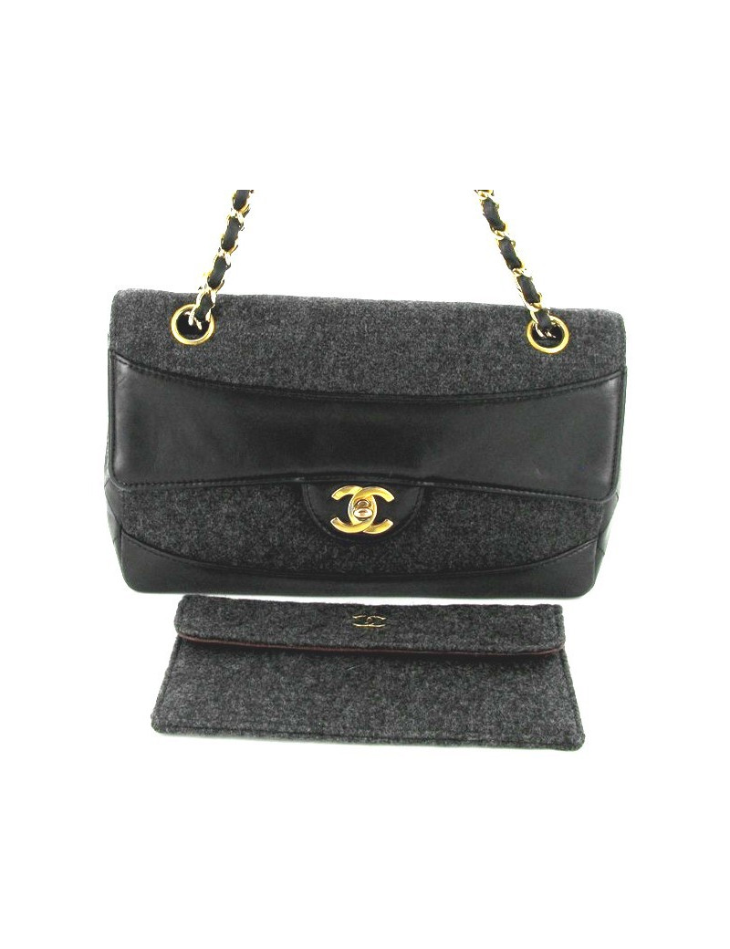 CHANEL Mademoiselle bag in black leather and gray jersey