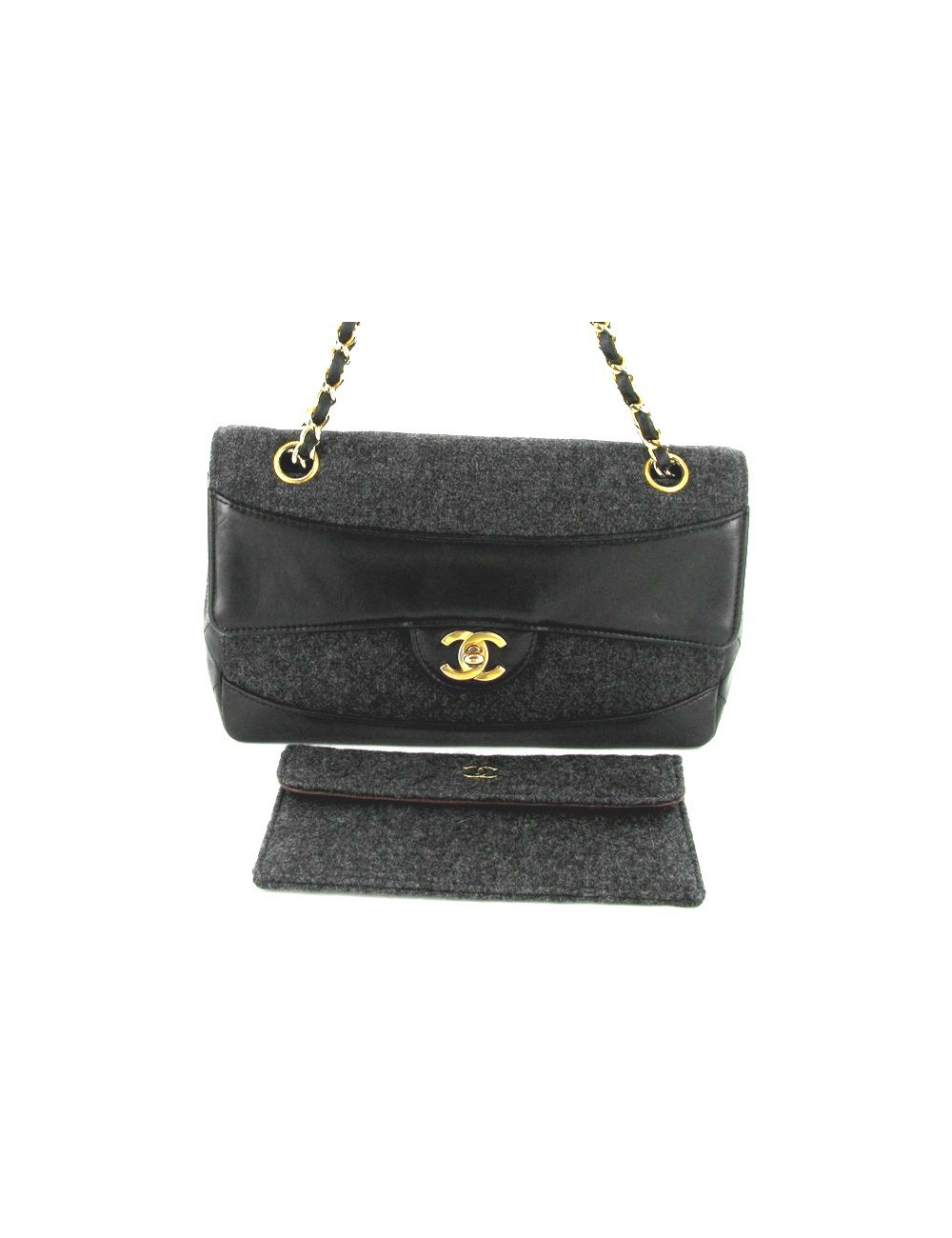 Sac mademoiselle en cuir noir et jersey gris CHANEL