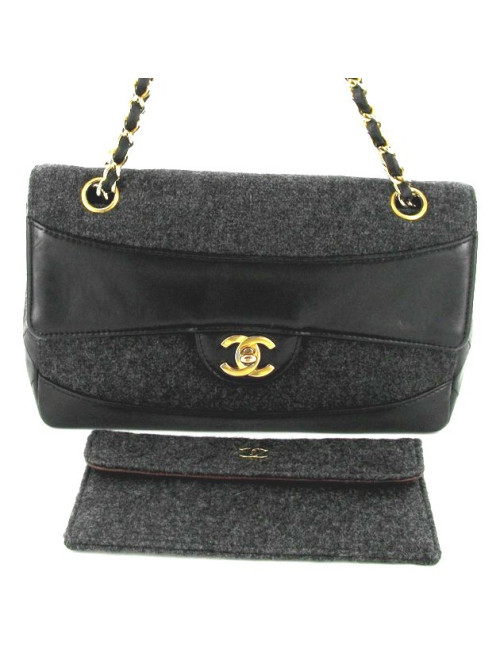 Sac mademoiselle en cuir noir et jersey gris CHANEL