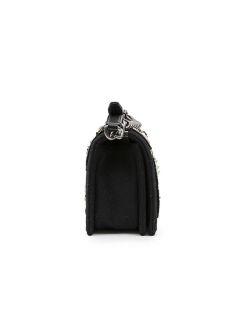 CHANEL Boy bag in black boiled wool with embroidered patches