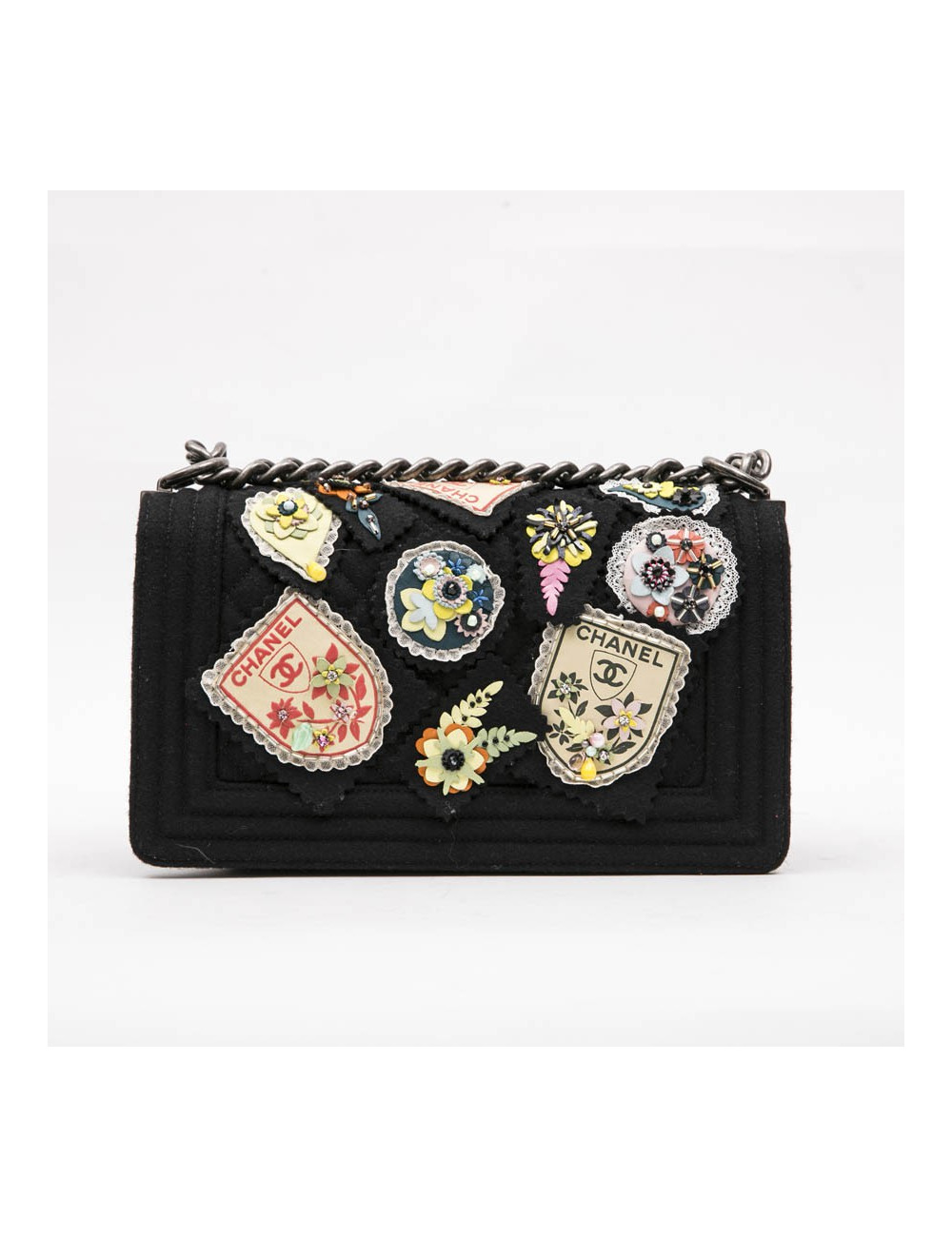 CHANEL Boy bag in black boiled wool with embroidered patches