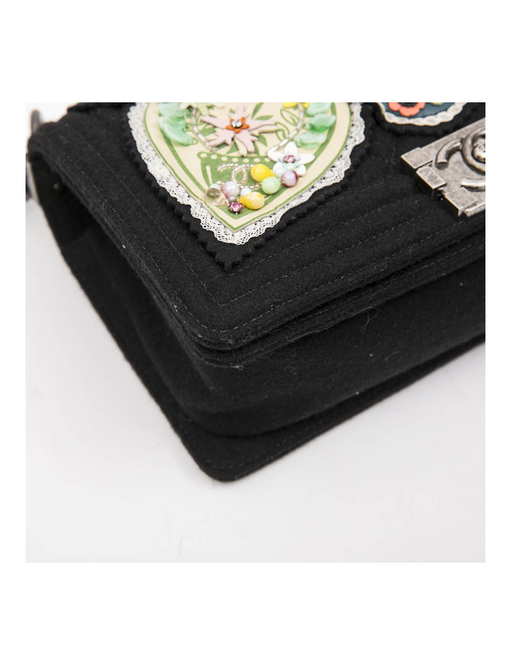 CHANEL Boy bag in black boiled wool with embroidered patches