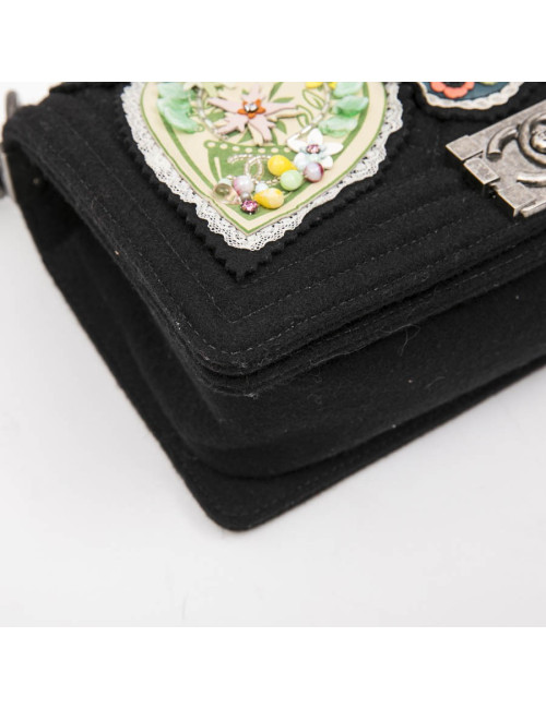 CHANEL Boy bag in black boiled wool with embroidered patches