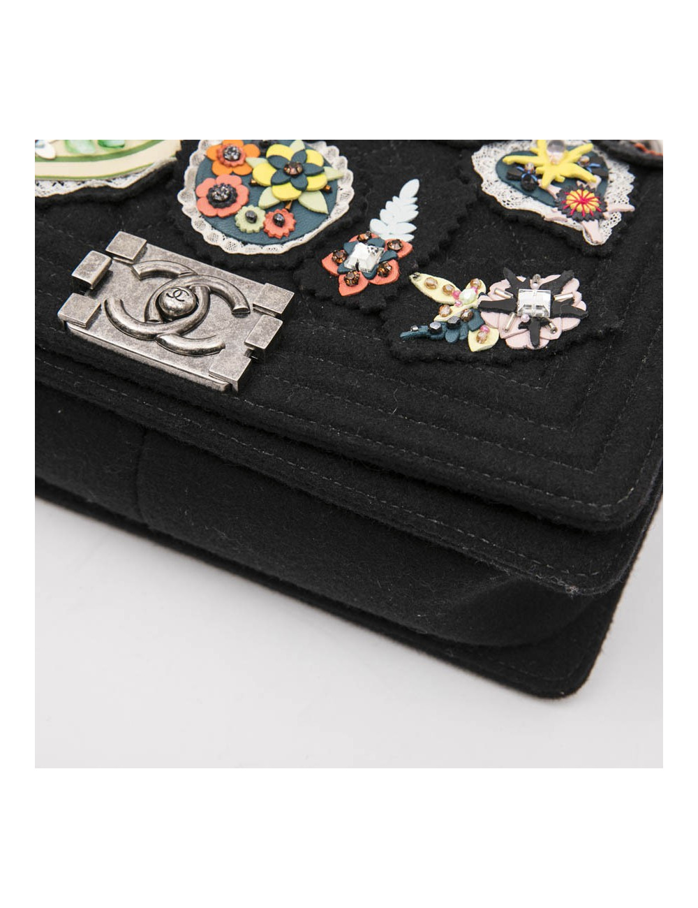 CHANEL Boy bag in black boiled wool with embroidered patches