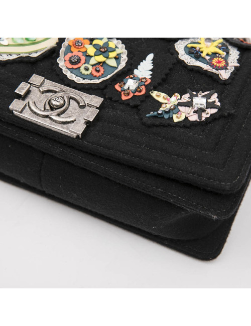 CHANEL Boy bag in black boiled wool with embroidered patches