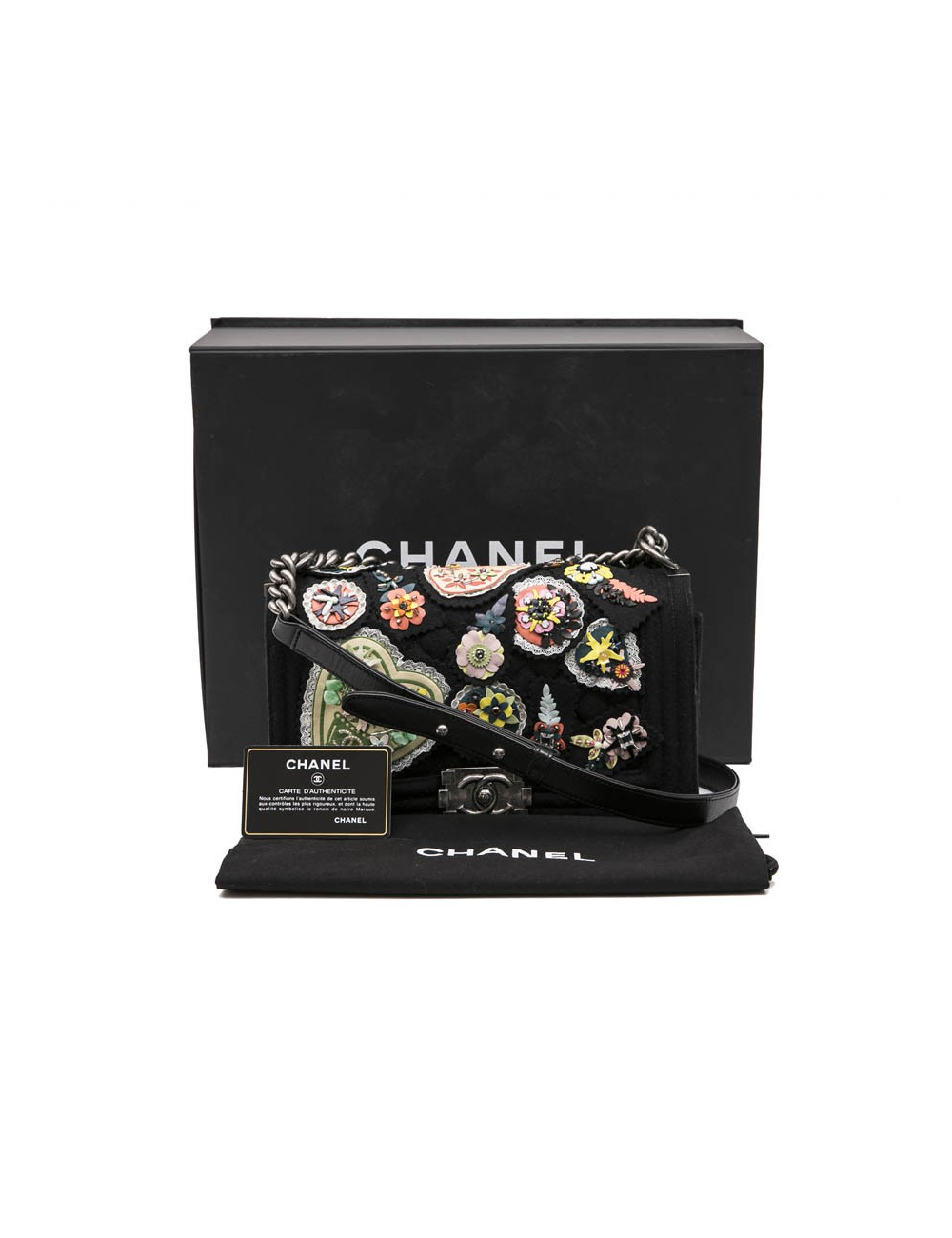 CHANEL Boy bag in black boiled wool with embroidered patches