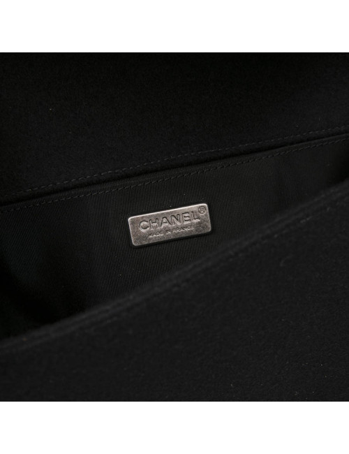 CHANEL Boy bag in black boiled wool with embroidered patches