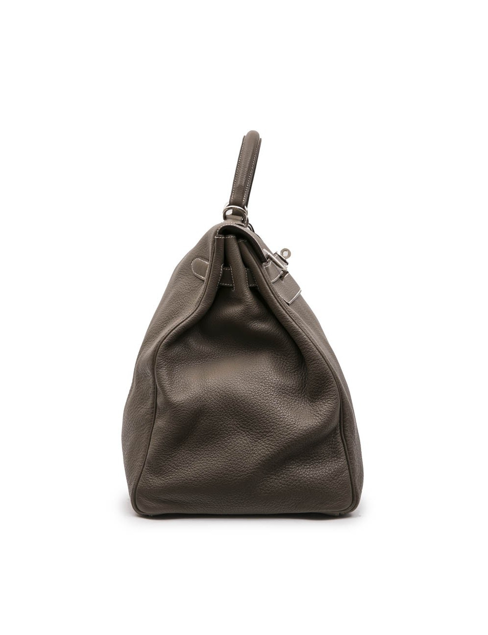 HERMES Kelly II 50 in étoupe Clémence lambskin leather with white stitching