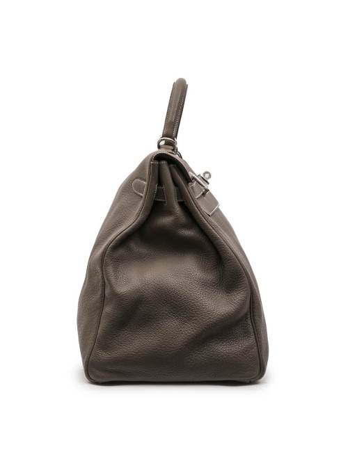 HERMES Kelly II 50 in étoupe Clémence lambskin leather with white stitching