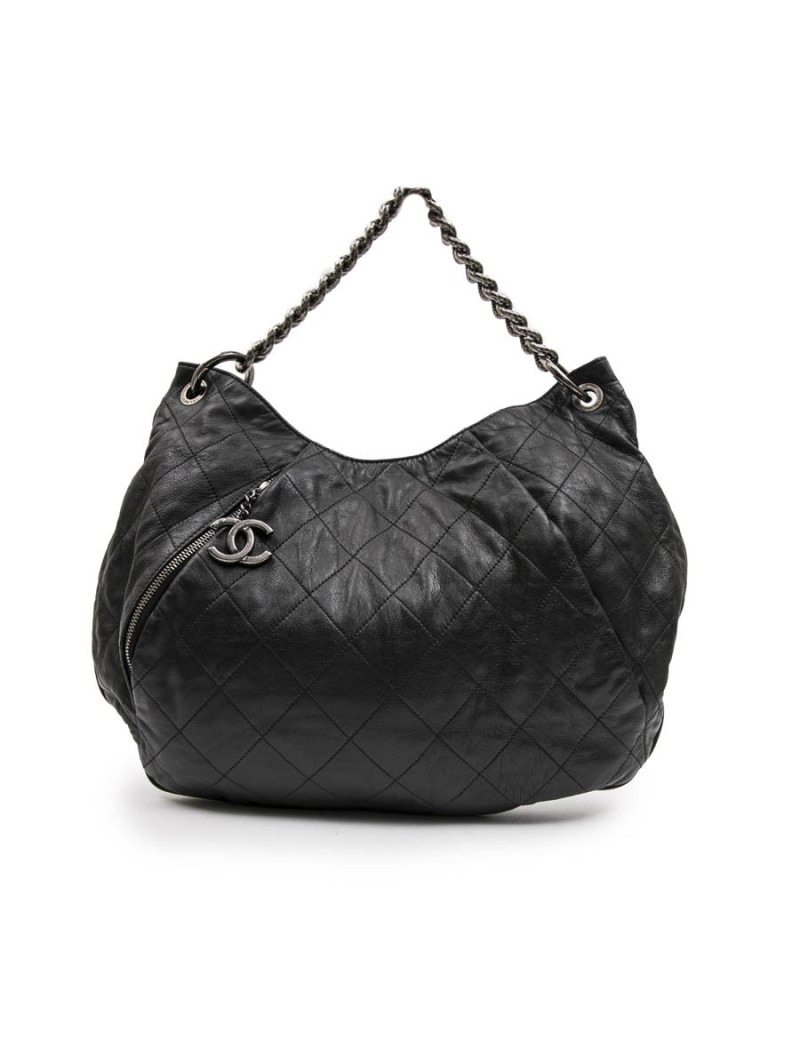 Sac besace CHANEL cuir matelassé gris foncé 