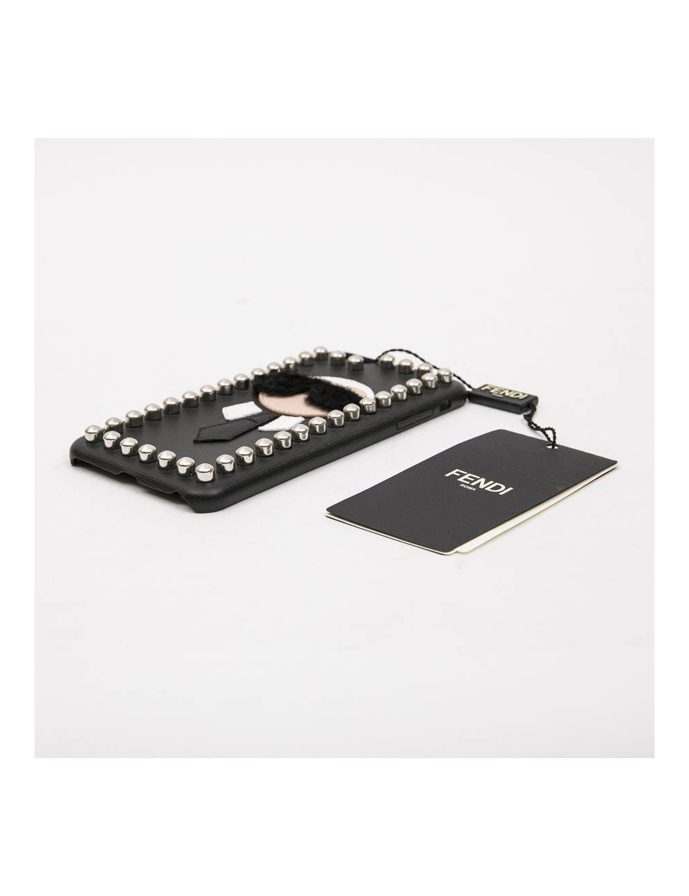 FENDI 'Karlito' phone case in black leather and silver studs