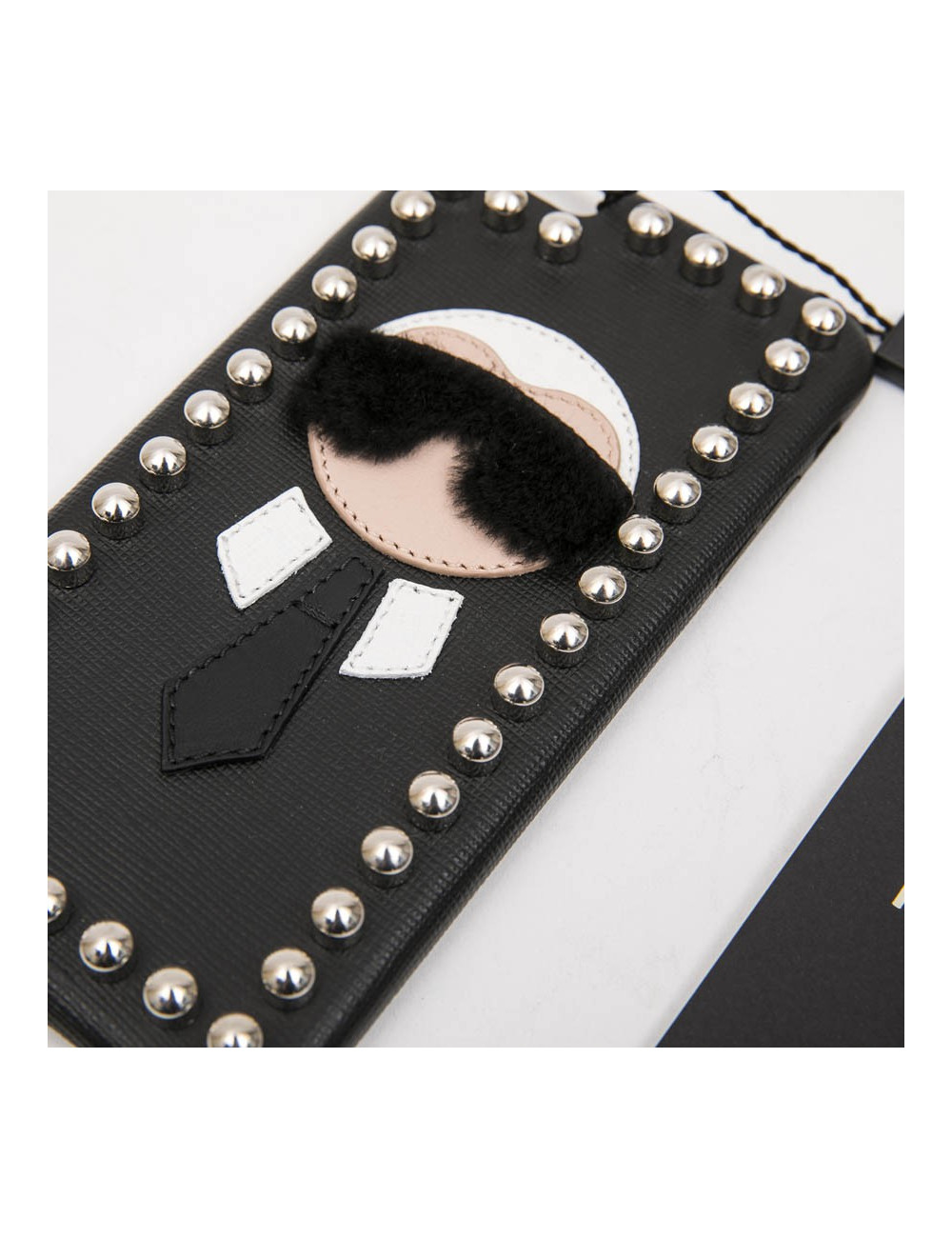 FENDI 'Karlito' phone case in black leather and silver studs