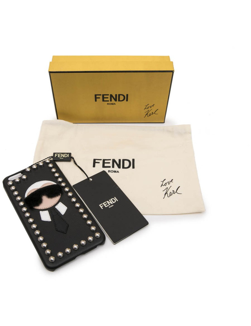 FENDI 'Karlito' phone case in black leather and silver studs