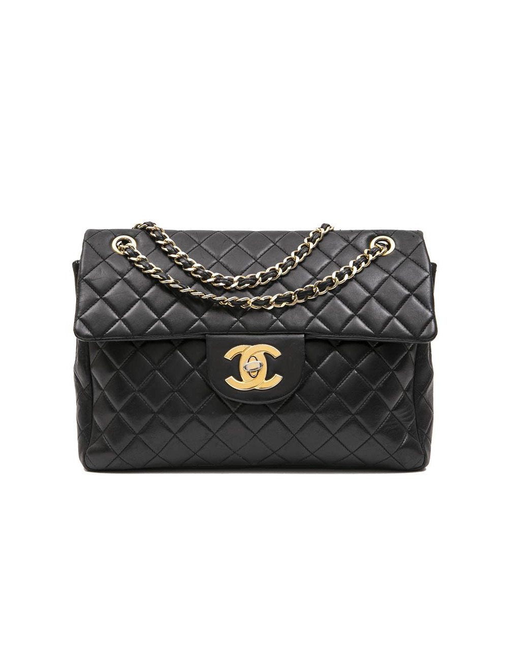 Sac jumbo CHANEL cuir d'agneau lisse matelassé noir Vintage