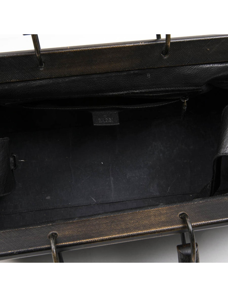 GUCCI vintage bag in a black cowhide leather and ribbed wood