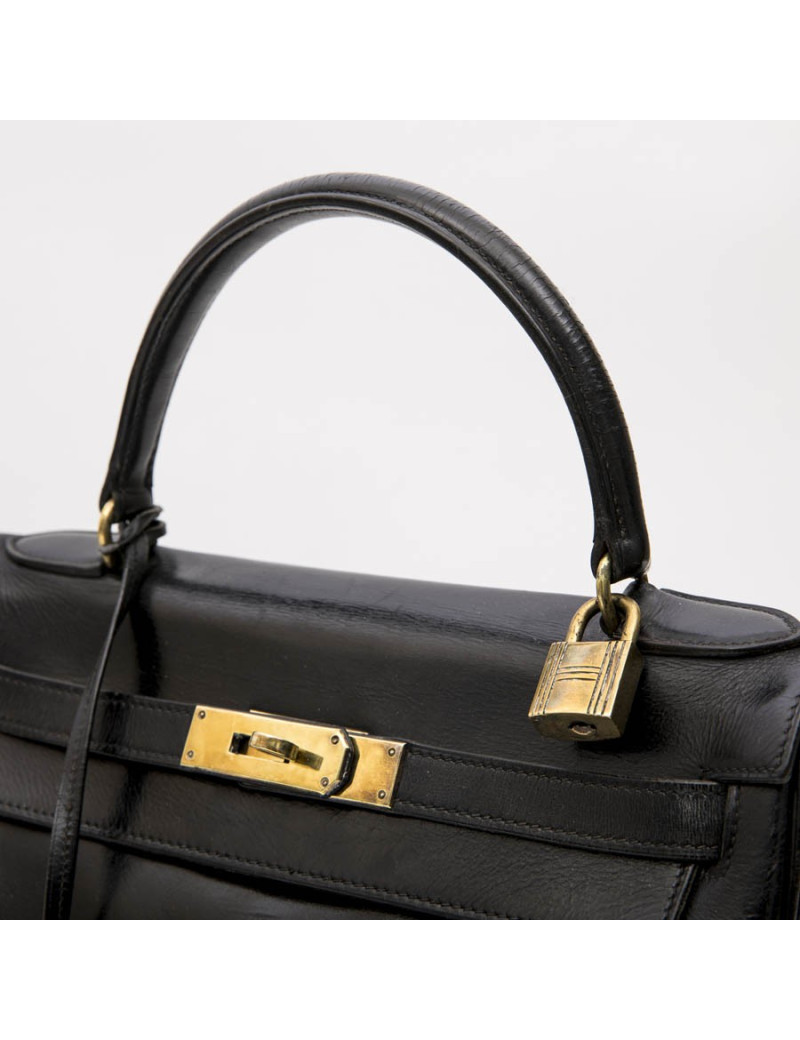 Sac Kelly 28 HERMES cuir box noir vintage 