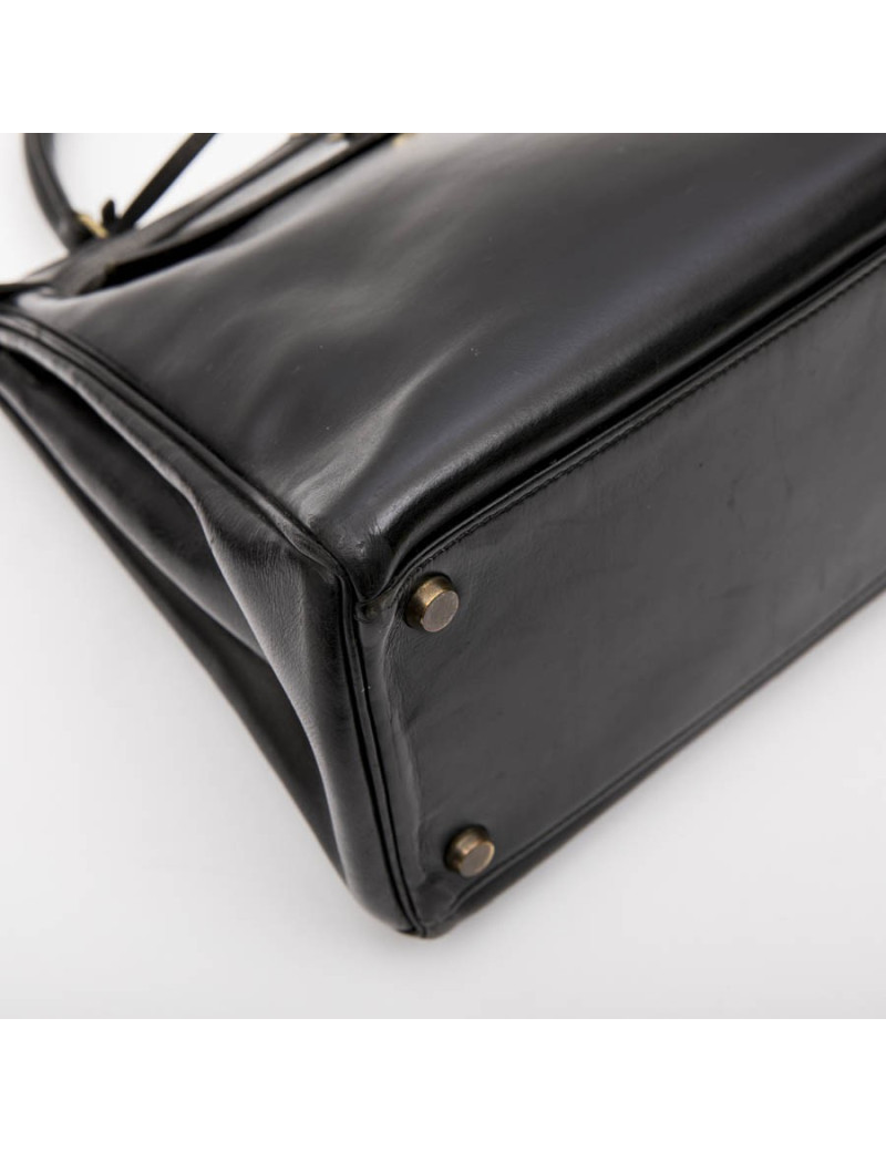 Sac Kelly 28 HERMES cuir box noir vintage 
