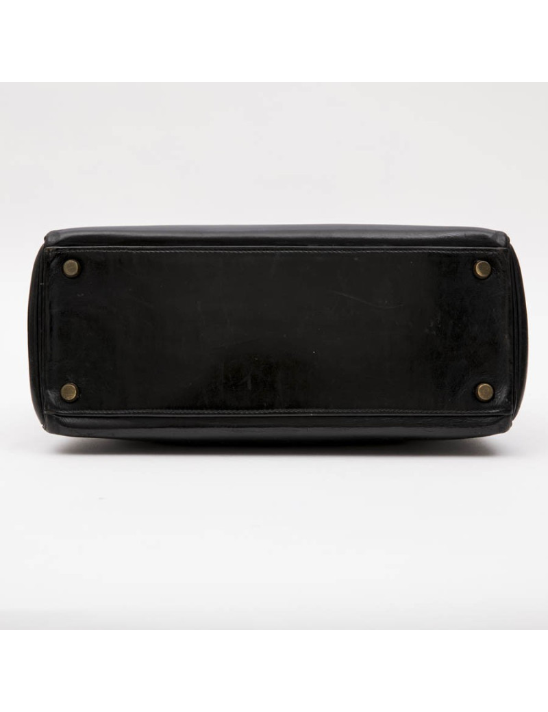 Sac Kelly 28 HERMES cuir box noir vintage 