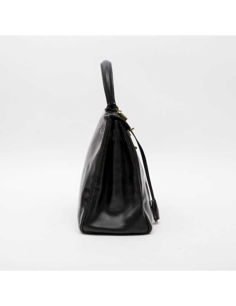 Sac Kelly 28 HERMES cuir box noir vintage 